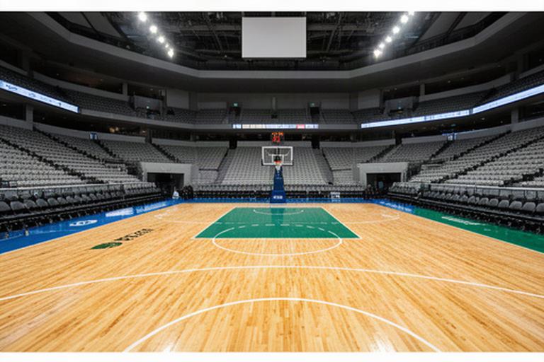 神戸のバスケットボールアリーナで試合前に整えられたコートと観客席